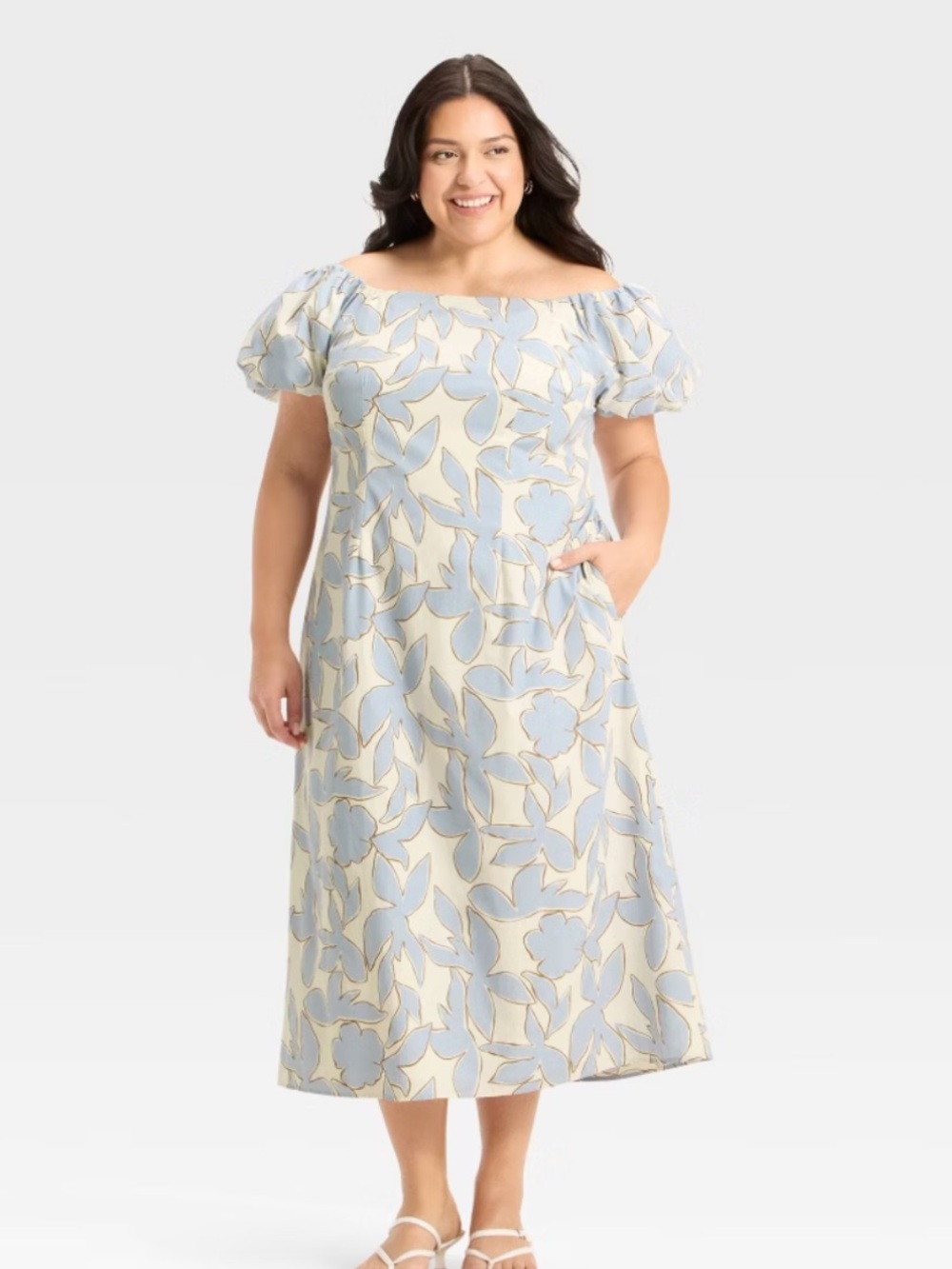 Off-Shoulder Puff Sleeve Midi Dress in Light Blue Floral